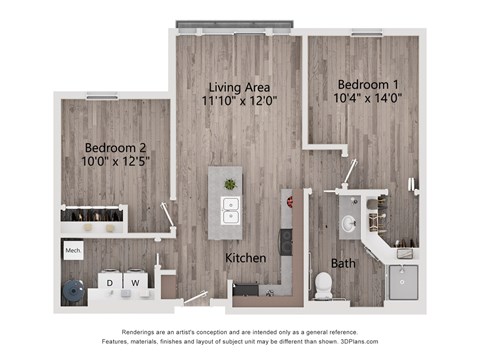 Floor plan for 2 beds, 1 bath, 766 sqft